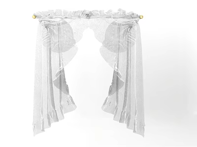 White Sheer Curtains with Ruffled Top and Decorative Gold Finials for Elegant Window Treatment 3d model