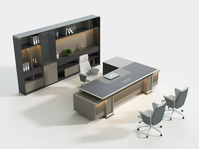 Modern Office Desk Setup With Bookshelf Two Chairs Books And Potted Plant 3d model