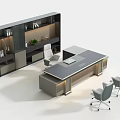 Modern Office Desk Setup With Bookshelf Two Chairs Books And Potted Plant