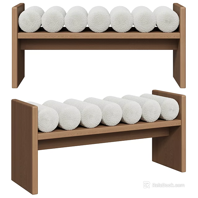 Stylish Wooden Bench With White Round Cushions For Modern Home Interior 3d model 