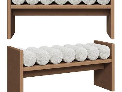 Stylish Wooden Bench With White Round Cushions For Modern Home Interior 3d model