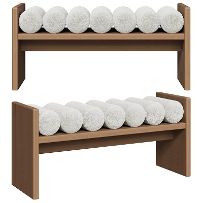 Stylish Wooden Bench With White Round Cushions For Modern Home Interior 3d model