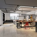 Modern Public Office Space With Open Layout Work Desks Chairs Decorative Paintings And Pendant Lights