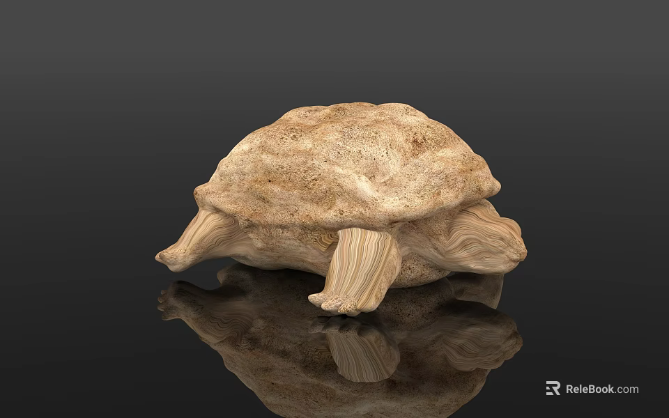 Detailed Wooden Turtle Sculpture With Textured Surface On Black Background And Reflection 3d model 