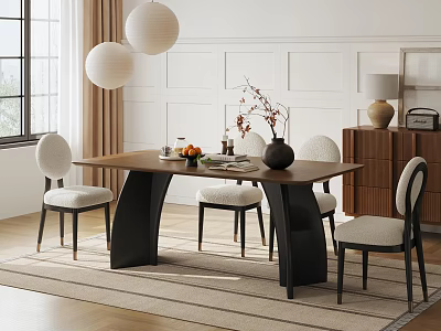 Modern Walnut Dining Table Set With Soft Upholstered Chairs For Cozy Bright Home Dining Room 3d model