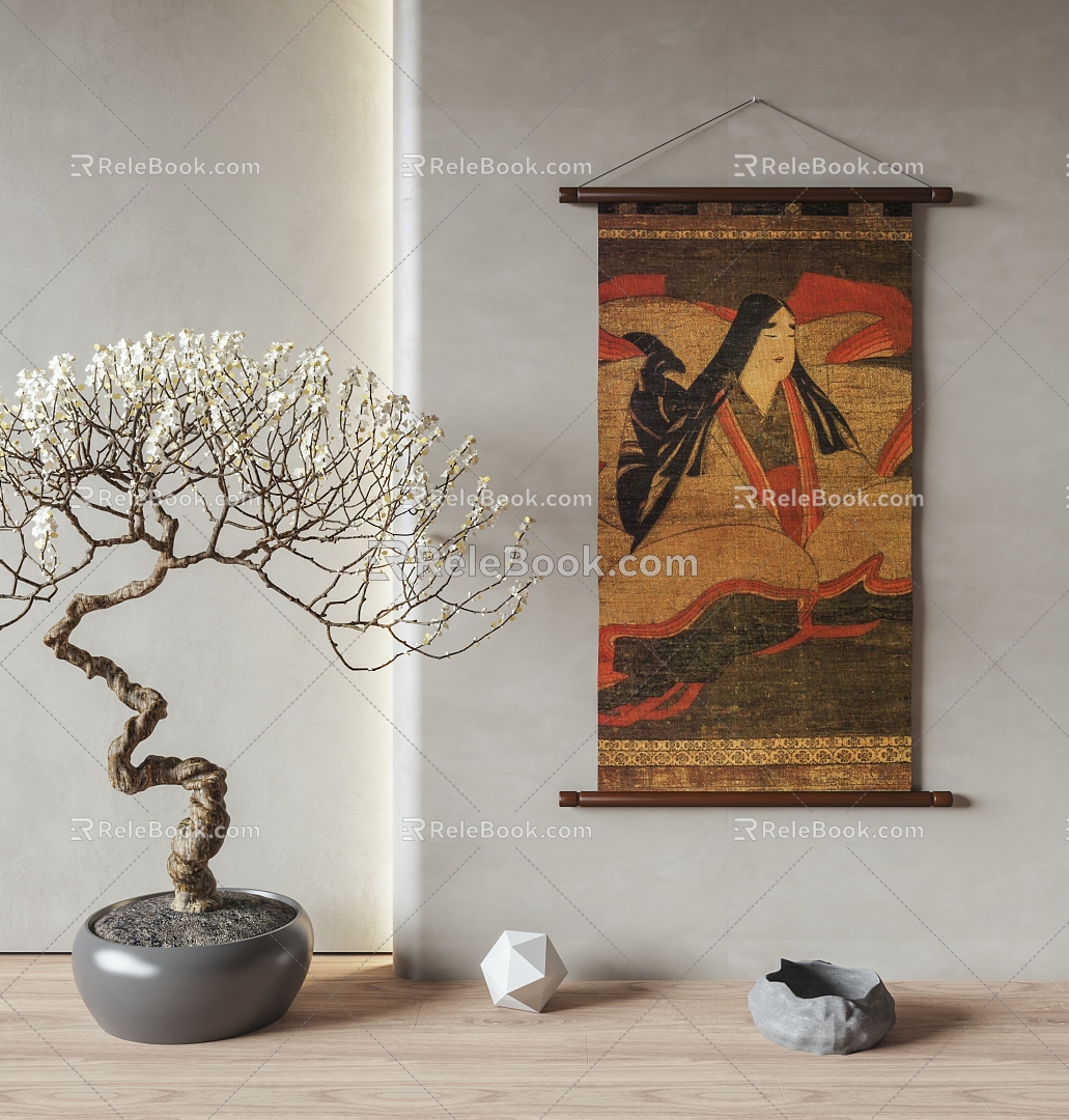 New Chinese Zen Hanging Painting Scroll Hanging Painting Wall Decoration Wall Decoration Japanese Style Hanging Painting Zen Plant Potted Plant 3d model