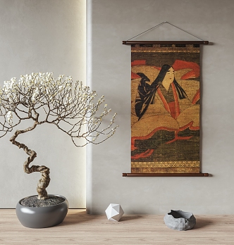 New Chinese Zen Hanging Painting Scroll Hanging Painting Wall Decoration Wall Decoration Japanese Style Hanging Painting Zen Plant Potted Plant 3d model