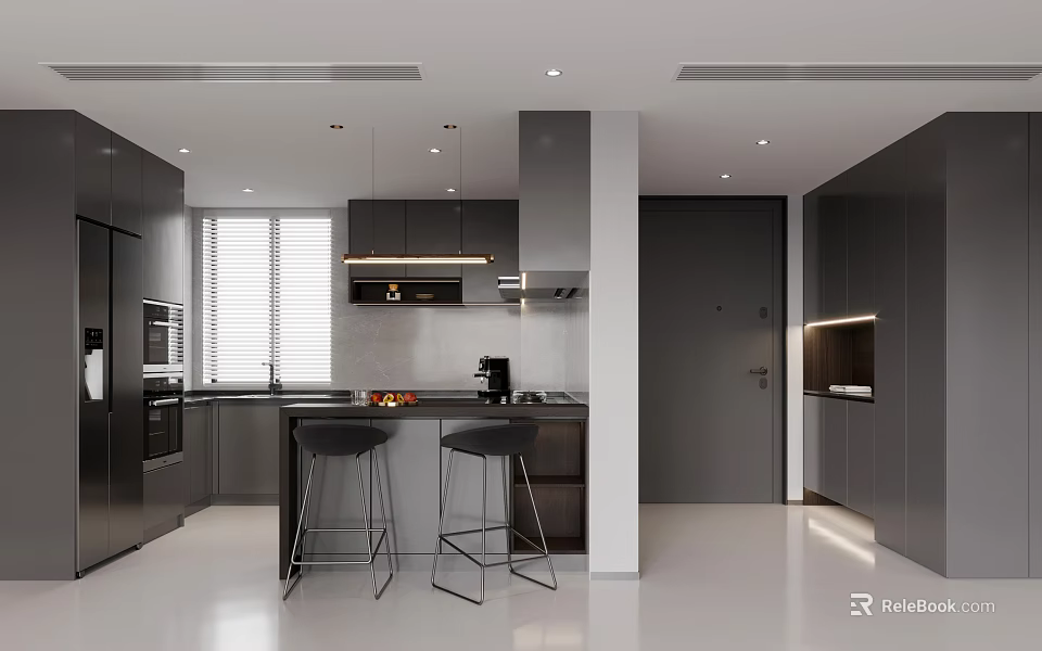 Modern Minimalist Kitchen Interior With Dark Cabinets Central Island Counter And Bar Stools 3d model 