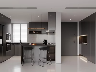 Modern Minimalist Kitchen Interior With Dark Cabinets Central Island Counter And Bar Stools 3d model