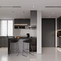 Modern Minimalist Kitchen Interior With Dark Cabinets Central Island Counter And Bar Stools