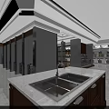 Modern Kitchen Showroom Display Area With Cabinets Stainless Steel Appliances Marble Flooring And Ceiling Lights