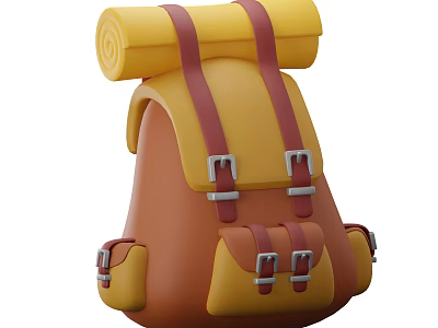Yellow And Brown Hiking Backpack With Rolled Top Straps And Metal Buckles 3d model