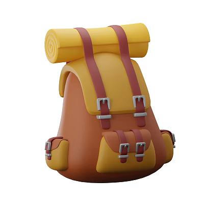 Yellow And Brown Hiking Backpack With Rolled Top Straps And Metal Buckles 3d model
