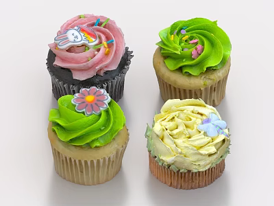 Colorful Decorated Cupcakes With Pink Green Yellow Frosting And Rabbit Flower Butterfly Toppings 3d model