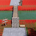 Scenic Wooden Landscape Bridge Over Small River Amid Red Flower Fields And Stone Path