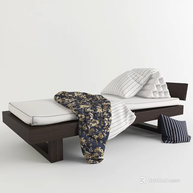 Modern Kids Bed With Dark Wooden Frame White Mattress Striped Sheet Floral Blanket And Striped Pillow 3d model 