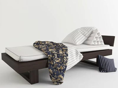 Modern Kids Bed With Dark Wooden Frame White Mattress Striped Sheet Floral Blanket And Striped Pillow 3d model