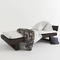 Modern Kids Bed With Dark Wooden Frame White Mattress Striped Sheet Floral Blanket And Striped Pillow
