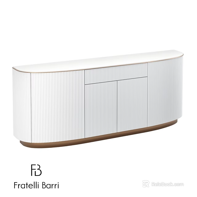 Modern White Chest of Drawers with Vertical Stripes Curved Design and Brown Base Cabinet Doors 3d model 