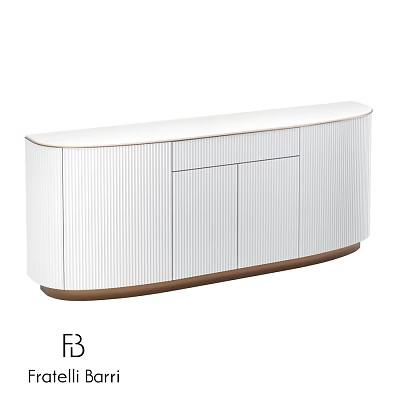 Modern White Chest of Drawers with Vertical Stripes Curved Design and Brown Base Cabinet Doors 3d model