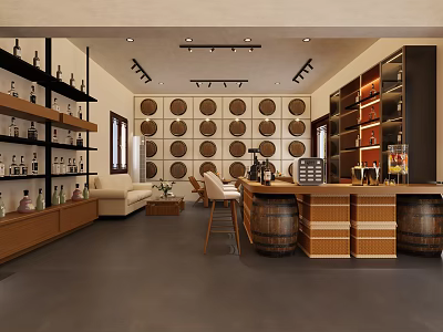 Elegant Wine Cellar Interior With Wooden Racks Barrels Bar Counter And Sofa 3d model
