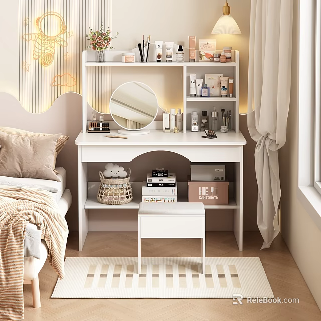 White Dressing Table with Round Mirror Cosmetics Skincare Products Stool Storage Shelves in Cozy Bedroom 3d model 
