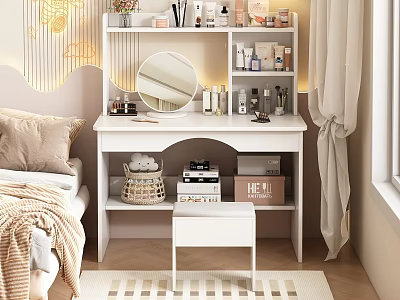 White Dressing Table with Round Mirror Cosmetics Skincare Products Stool Storage Shelves in Cozy Bedroom 3d model