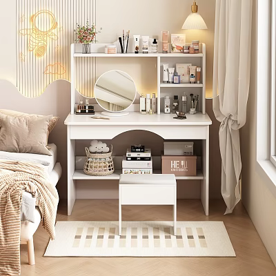 White Dressing Table with Round Mirror Cosmetics Skincare Products Stool Storage Shelves in Cozy Bedroom 3d model