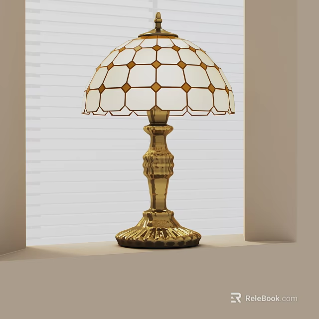 Vintage Stained Glass Table Lamp with Gold Ornate Base and Decorative Column 3d model 