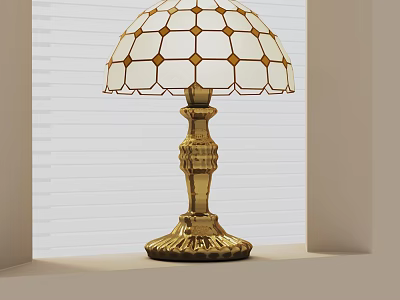 Vintage Stained Glass Table Lamp with Gold Ornate Base and Decorative Column 3d model