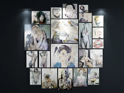 Oil Paintings Wall Art Display With Multiple Figurative Works And Creative Arrangement 3d model