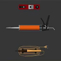 Hardware Tools Orange Caulk Gun Red Wood Plane And Yellow Soldering Iron On Brown Base