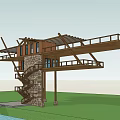 Wooden Road Facilities With Stone Spiral Staircase And Waterfront Pier Platform