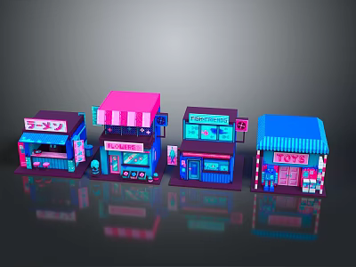 Colorful Cartoon Scene 3D Model With Multiple Cute Shops And Signboards 3d model