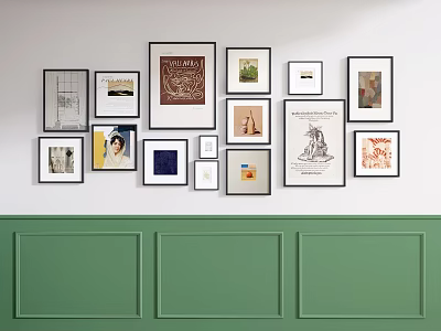 Stylish Gallery Wall Display With Various Framed Artworks And Green Paneled Lower Wall 3d model