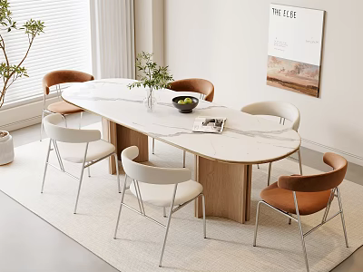 Modern Dining Table Set With Marble Top Wooden Legs Brown White Chairs And Potted Plant 3d model