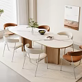 Modern Dining Table Set With Marble Top Wooden Legs Brown White Chairs And Potted Plant