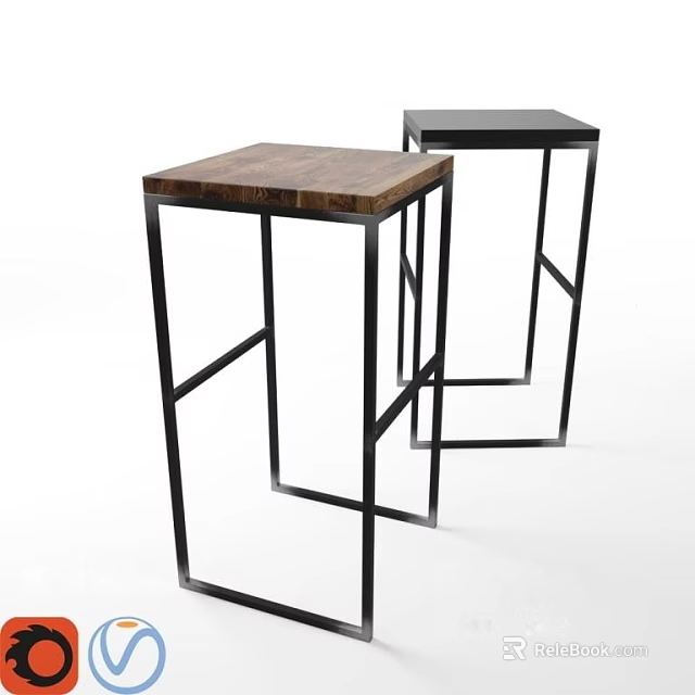Modern Bar Stools with Wooden Top and Black Metal Frame Design 3d model 