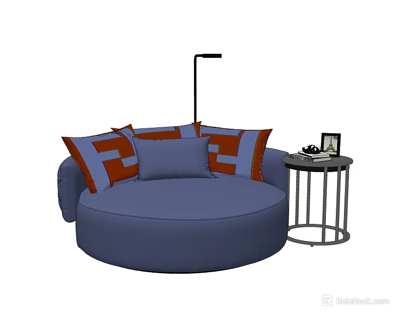 Round Blue Single Sofa Featuring Orange And White Patterned Cushions And Small Side Table 3d model 