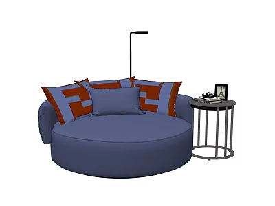 Round Blue Single Sofa Featuring Orange And White Patterned Cushions And Small Side Table 3d model