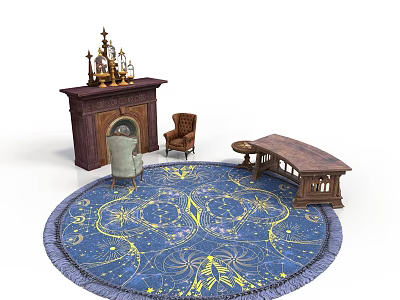 Ornate Wooden Fireplace Interior With Blue Patterned Rug Chairs And Long Table 3d model