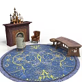 Ornate Wooden Fireplace Interior With Blue Patterned Rug Chairs And Long Table