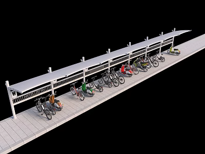 Outdoor Bicycle Parking Canopy Covering Multiple Bikes With White Support Structure 3d model