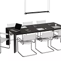 Modern Black Conference Table With White Chairs Laptop Documents And Hanging Lamp