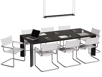 Modern Black Conference Table With White Chairs Laptop Documents And Hanging Lamp 3d model