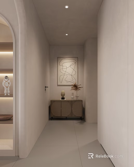 Modern Minimalist Entryway Hallway With Astronaut Figurine Decorative Painting Wooden Cabinet And Recessed Lighting Design 3d model 