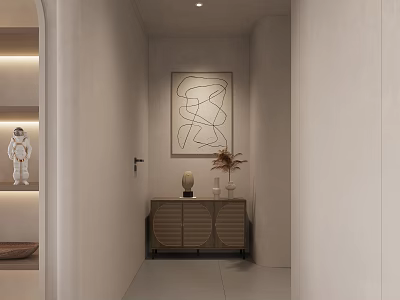 Modern Minimalist Entryway Hallway With Astronaut Figurine Decorative Painting Wooden Cabinet And Recessed Lighting Design 3d model