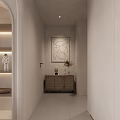 Modern Minimalist Entryway Hallway With Astronaut Figurine Decorative Painting Wooden Cabinet And Recessed Lighting Design