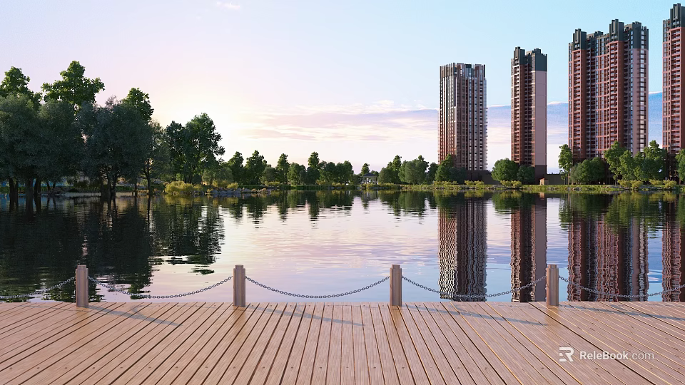 Tranquil Scenic View of Calm Lake With Wooden Dock Trees and Tall Building Reflections 3d model 