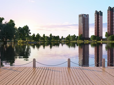 Tranquil Scenic View of Calm Lake With Wooden Dock Trees and Tall Building Reflections 3d model